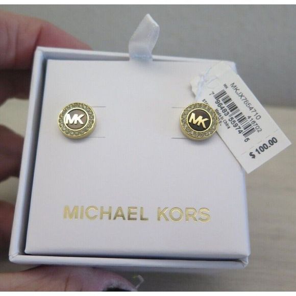 Michael Kors MKJX7854710 Gold Toned Pavè Crystals MK Logo Monogram Stud Earrings - Picture 1 of 9